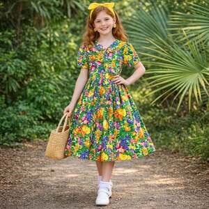 Vintage Wee Clancy Girls Fruit Print Dress Sz 14 Cotton USA Colorful 90s